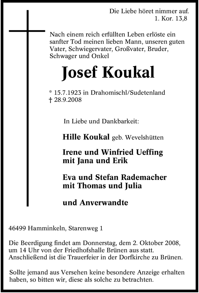  Traueranzeige für Josef Koukal vom 30.09.2008 aus Tageszeitung