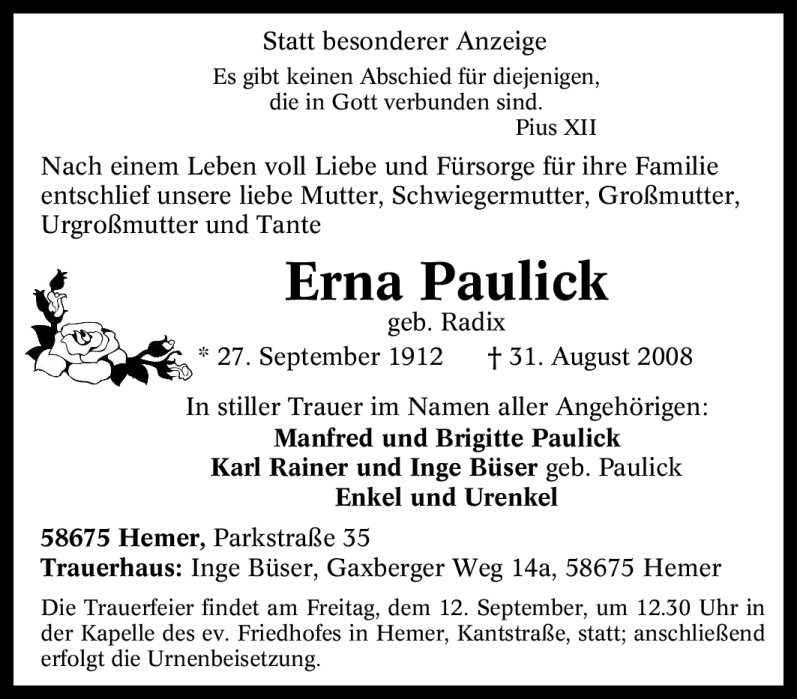  Traueranzeige für Erna Paulick vom 09.09.2008 aus Tageszeitung