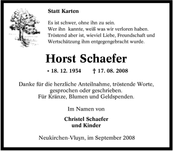 Traueranzeige von Horst Schaefer von Tageszeitung