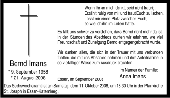 Traueranzeige von Bernd Imans von Tageszeitung