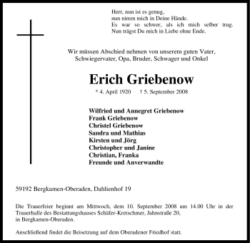 Traueranzeige von Erich Griebenow von Tageszeitung