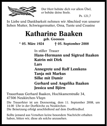 Traueranzeige von Katharine Baaken von Tageszeitung