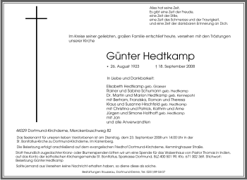 Traueranzeige von Günter Hedtkamp von Tageszeitung