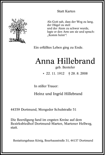 Traueranzeige von Anna Hillebrand von Tageszeitung