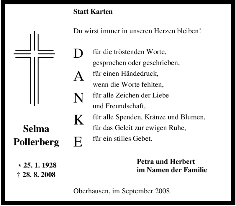  Traueranzeige für Selma Pollerberg vom 16.09.2008 aus Tageszeitung