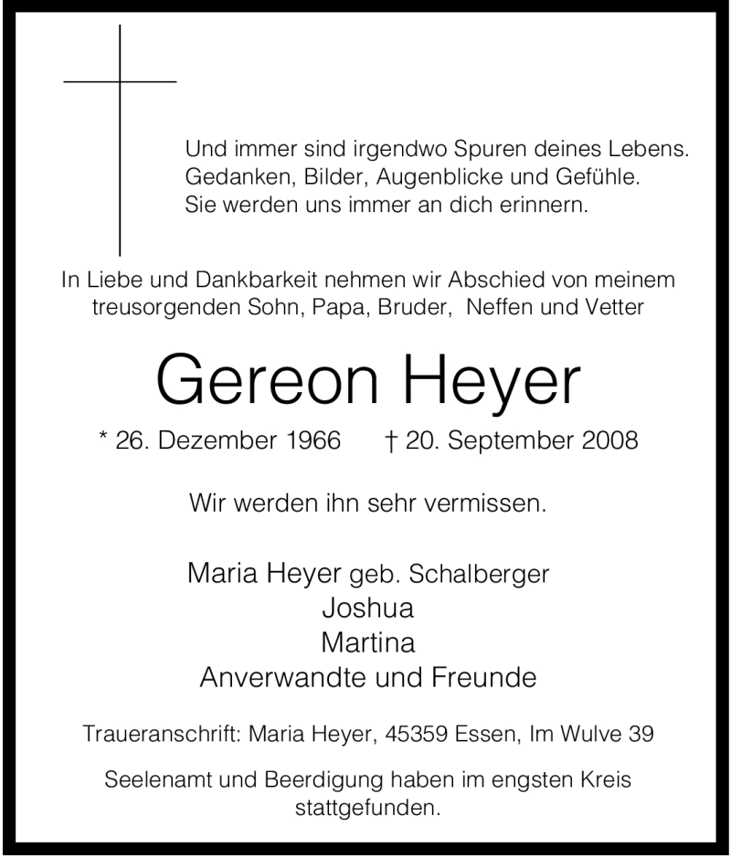  Traueranzeige für Gereon Heyer vom 27.09.2008 aus Tageszeitung