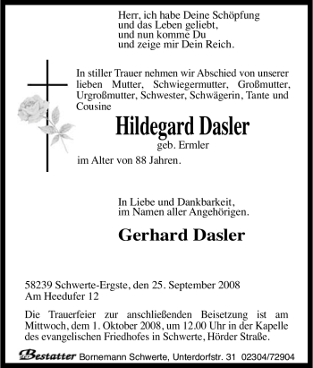 Traueranzeige von Hildegard Dasler von Tageszeitung