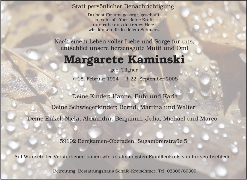  Traueranzeige für Margarete Kaminski vom 26.09.2008 aus Tageszeitung