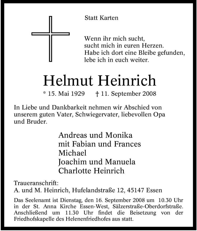 Traueranzeigen von Helmut Heinrich TrauerinNRW.de