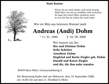 Traueranzeige von Andreas (Andi Dohm von Tageszeitung