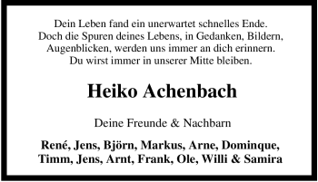 Traueranzeige von Heiko Achenbach von Tageszeitung