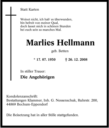 Traueranzeige von Marlies Hellmann von Tageszeitung