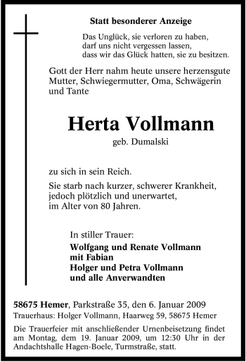 Traueranzeige von Herta Vollmann von Tageszeitung