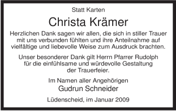 Traueranzeige von Christa Krämer von Tageszeitung