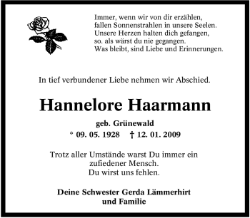Traueranzeige von Hannelore Haarmann von Tageszeitung