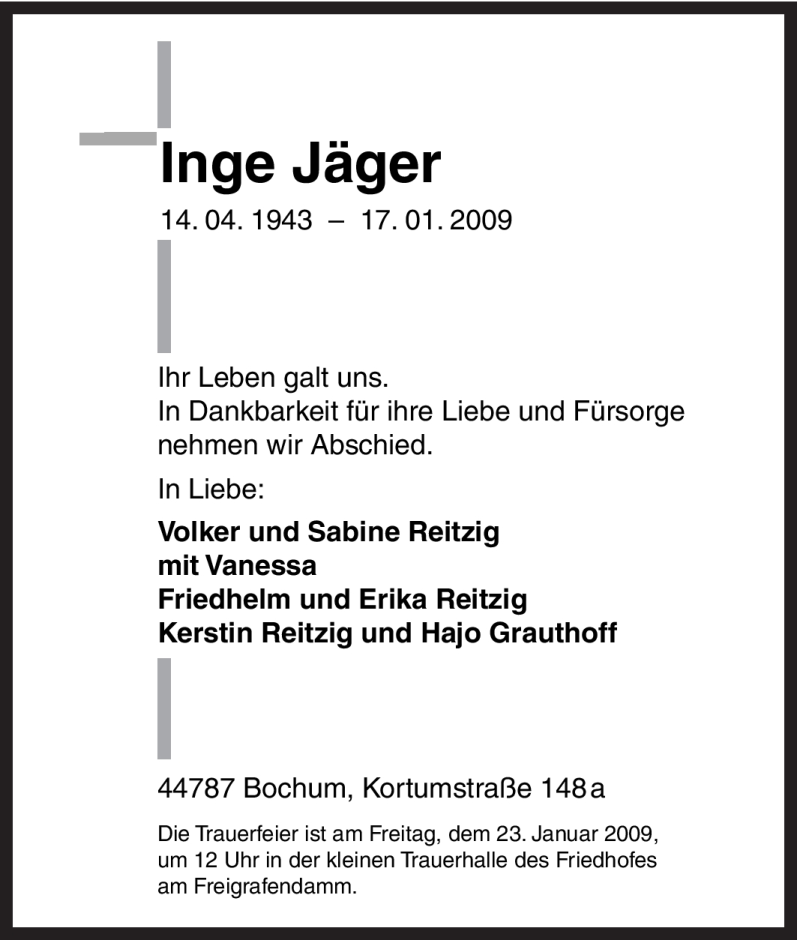  Traueranzeige für Inge Jäger vom 21.01.2009 aus Tageszeitung