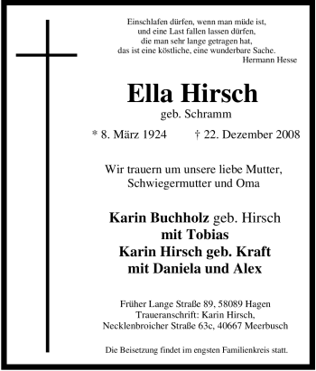 Traueranzeige von Ella Hirsch von Tageszeitung