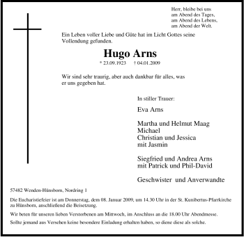 Traueranzeige von Hugo Arns von Tageszeitung