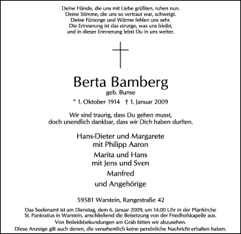 Traueranzeige von Berta Bamberg von Tageszeitung