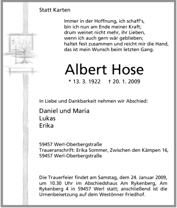 Traueranzeige von Albert Hose von Tageszeitung