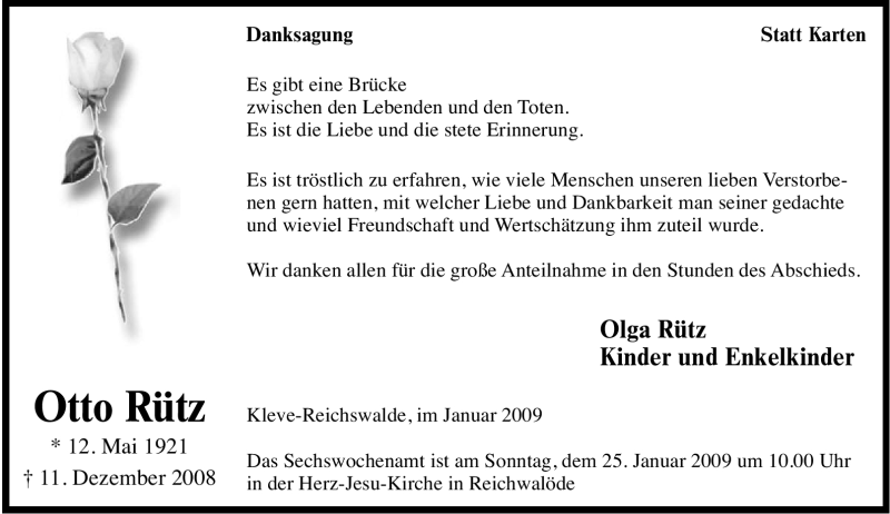  Traueranzeige für Olga Rütz vom 19.01.2009 aus Tageszeitung