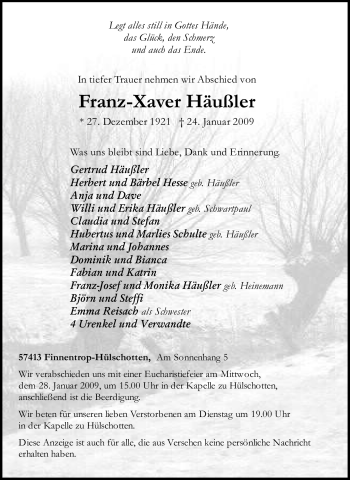 Traueranzeige von Franz-Xaver Häußler von Tageszeitung