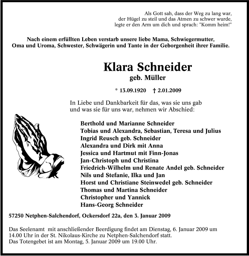  Traueranzeige für Klara Schneider vom 03.01.2009 aus Tageszeitung