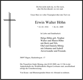 Traueranzeige von Erwin Walter Höhn von Tageszeitung