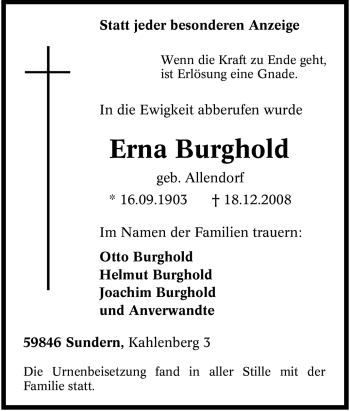 Traueranzeige von Erna Burghold von Tageszeitung