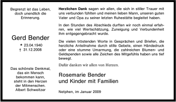 Traueranzeige von Gerd Bender von Tageszeitung