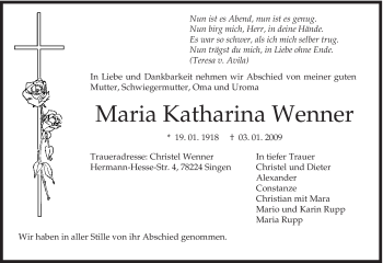 Traueranzeige von Maria Katharina Wenner von Tageszeitung