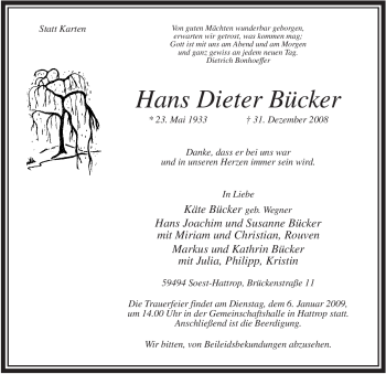 Traueranzeige von Hans Dieter Bücker von Tageszeitung