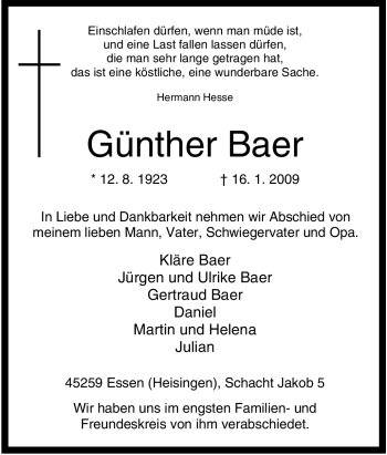 Traueranzeige von Günther Baer von Tageszeitung