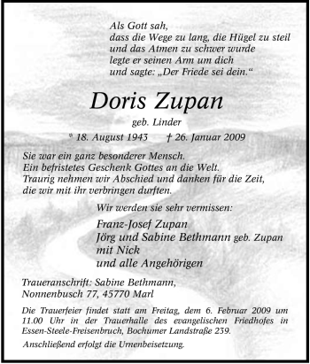 Traueranzeige von Doris Zupan von Tageszeitung