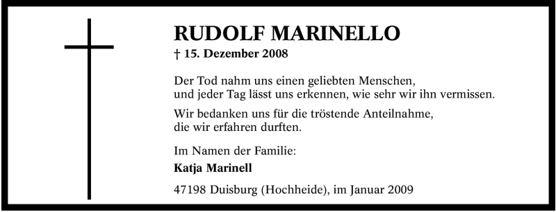  Traueranzeige für Rudolf Marinello vom 17.01.2009 aus Tageszeitung