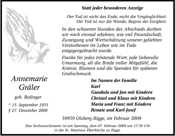 Traueranzeige von Annemarie Gräler von Tageszeitung