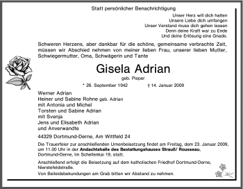 Traueranzeige von Gisela Adrian von Tageszeitung