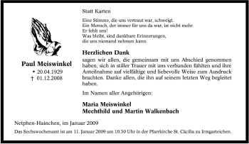 Traueranzeige von Paul Meiswinkel von Tageszeitung