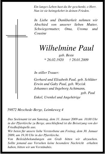 Traueranzeige von Wilhelmine Paul von Tageszeitung