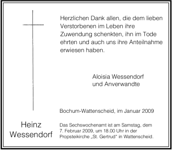 Traueranzeige von Heinz Wessendorf von Tageszeitung