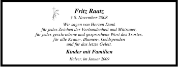 Traueranzeige von Fritz Raatz von Tageszeitung