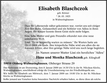 Traueranzeige von Elisabeth Blaschczok von Tageszeitung