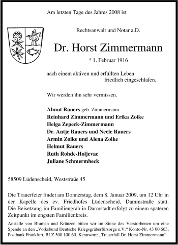Traueranzeige von Horst Zimmermann von Tageszeitung