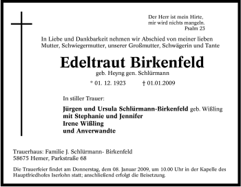 Traueranzeige von Edeltraut Birkenfeld von Tageszeitung