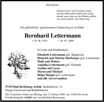 Traueranzeige von Bernhard Lettermann von Tageszeitung