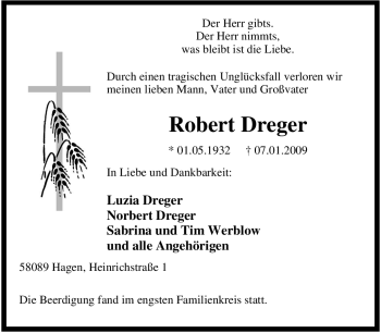 Traueranzeige von Robert Dreger von Tageszeitung