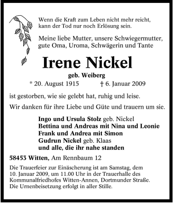 Traueranzeige von Irene Nickel von Tageszeitung