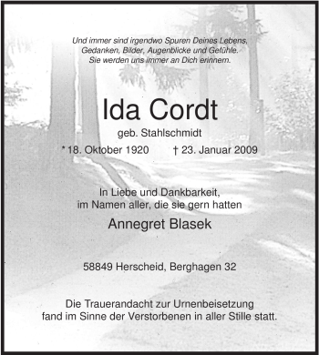 Traueranzeige von Ida Cordt von Tageszeitung