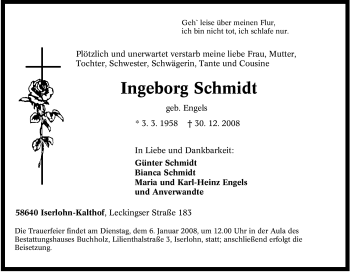 Traueranzeige von Ingeborg Schmidt von Tageszeitung
