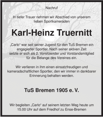 Traueranzeige von Karl-Heinz Truernitt von Tageszeitung